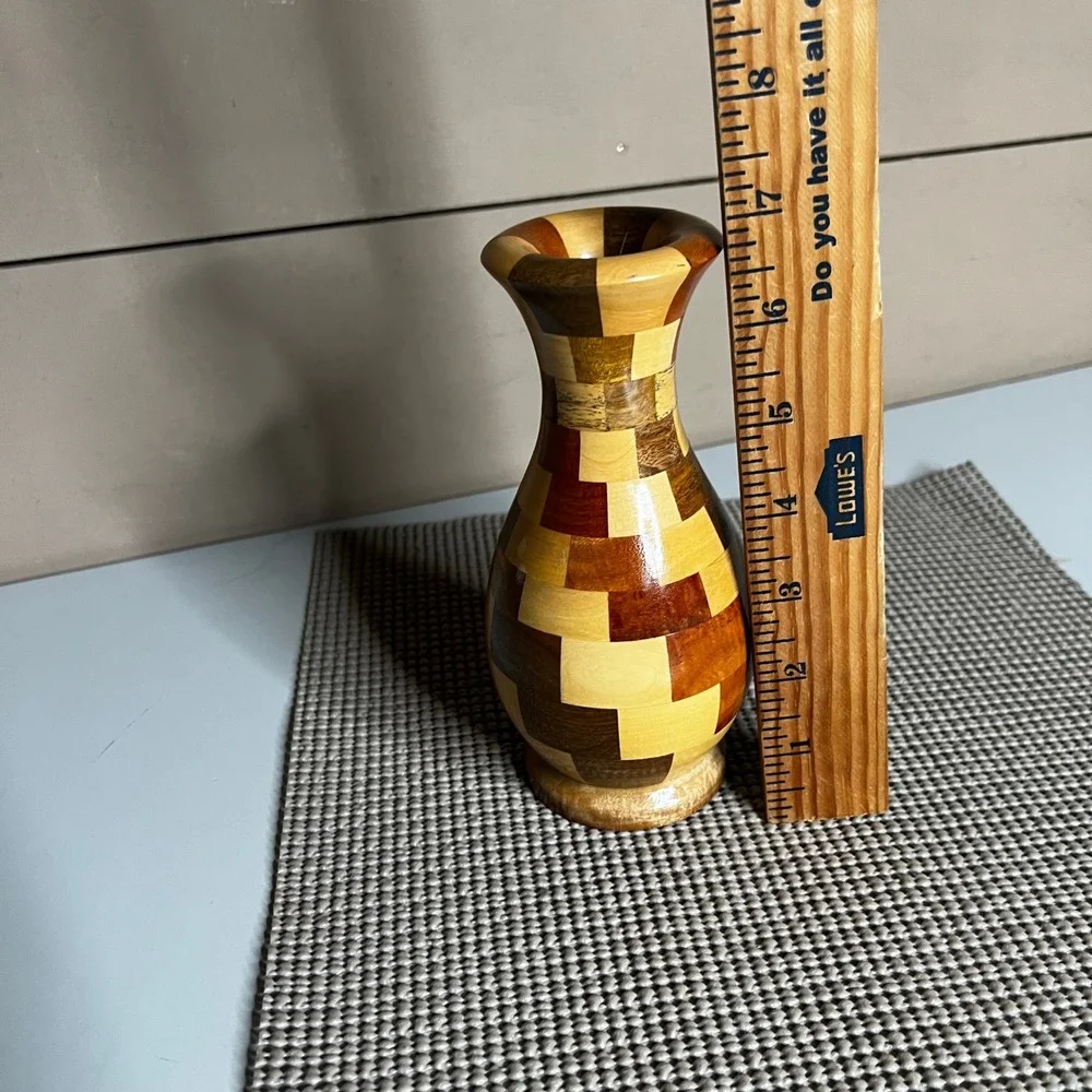Handmade Segmented Wood Bud Vase Patchwork Mosaic Geometric Decorative 7 Inch